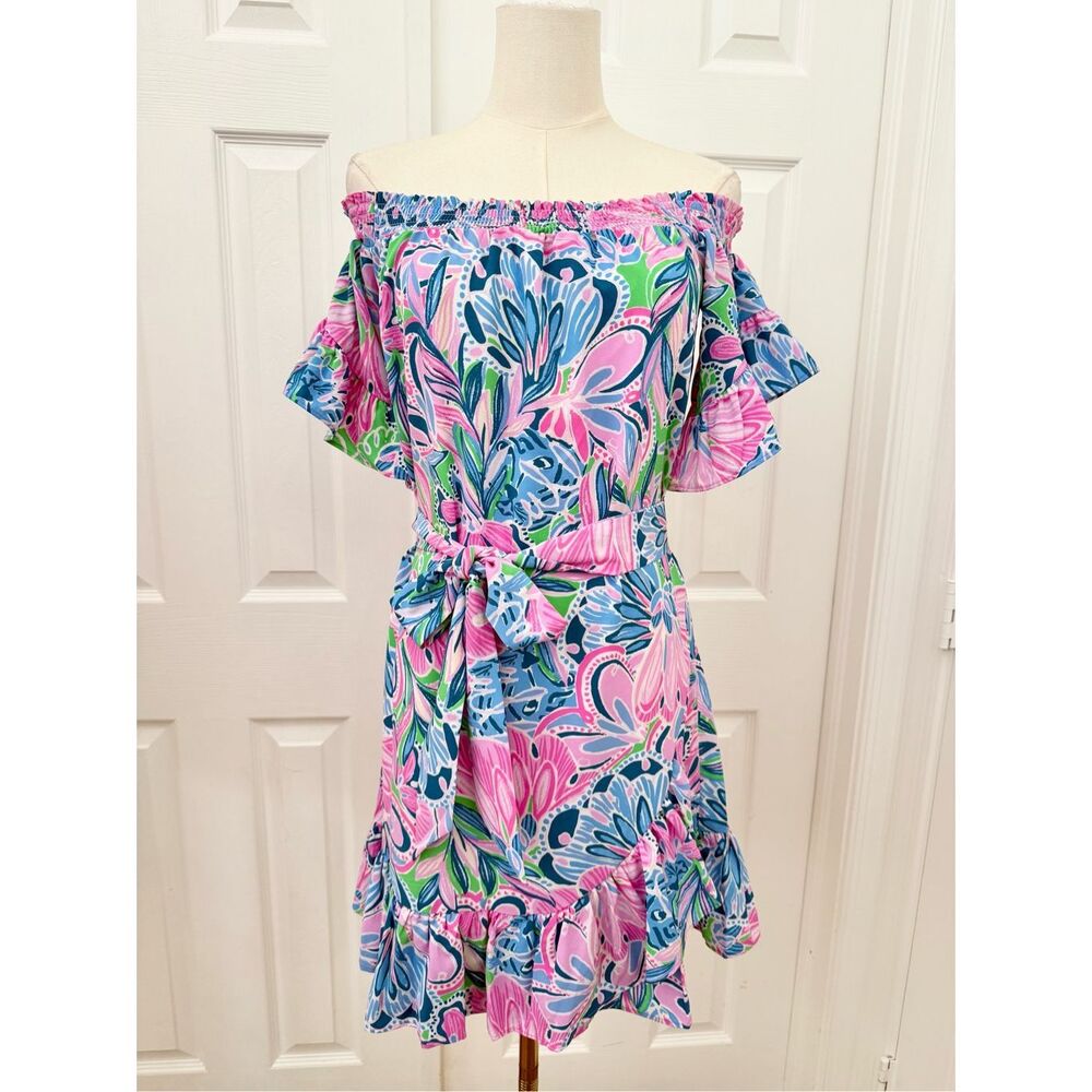 Lilly Pulitzer Off Shoulder Maddlyn Stretch Dress Gecko Green Tiger Sunrise XXS